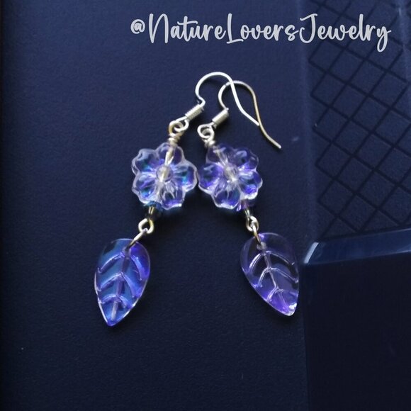 Is it Winter Yet??? Iridescent Glowing Shimmering Flower + Leaf Dangle Earrings - Picture 1 of 9